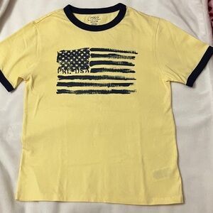 NWOT Boys Polo by Ralph Lauren Kids Yellow Tee with Navy Trim USA flag M(10/12)